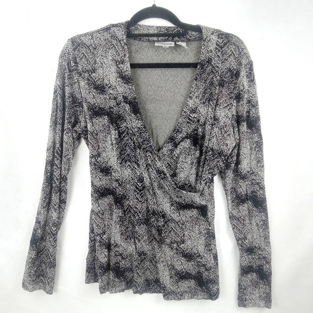 Chicos Travelers Women Size 1 Black Silver Faux Wrap Blouse Slinky Holiday Party